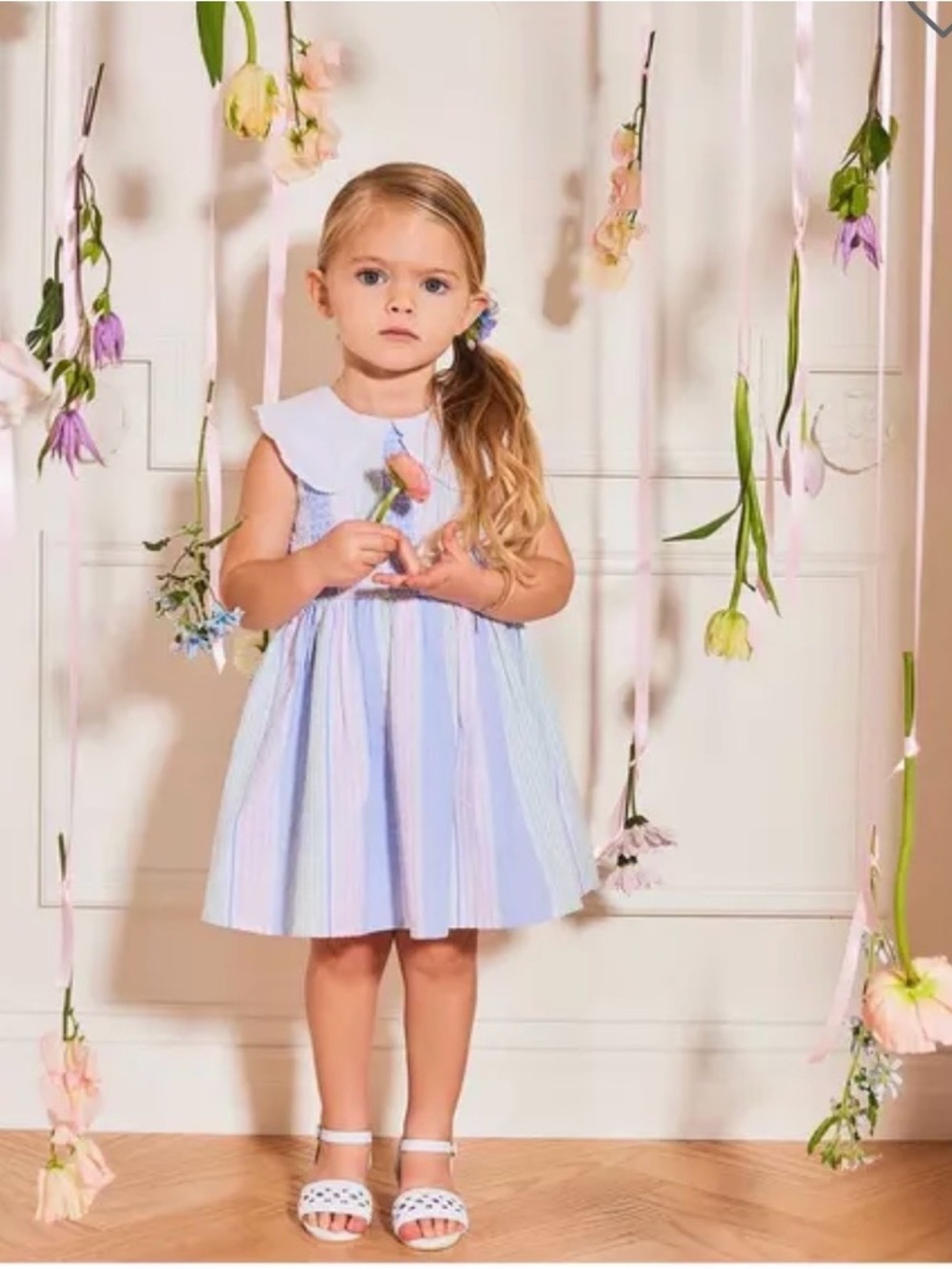 Janie and Jack Pastel Striped Smocked Baby Dress with White Peter Pan Collar - Picture 2 of 3